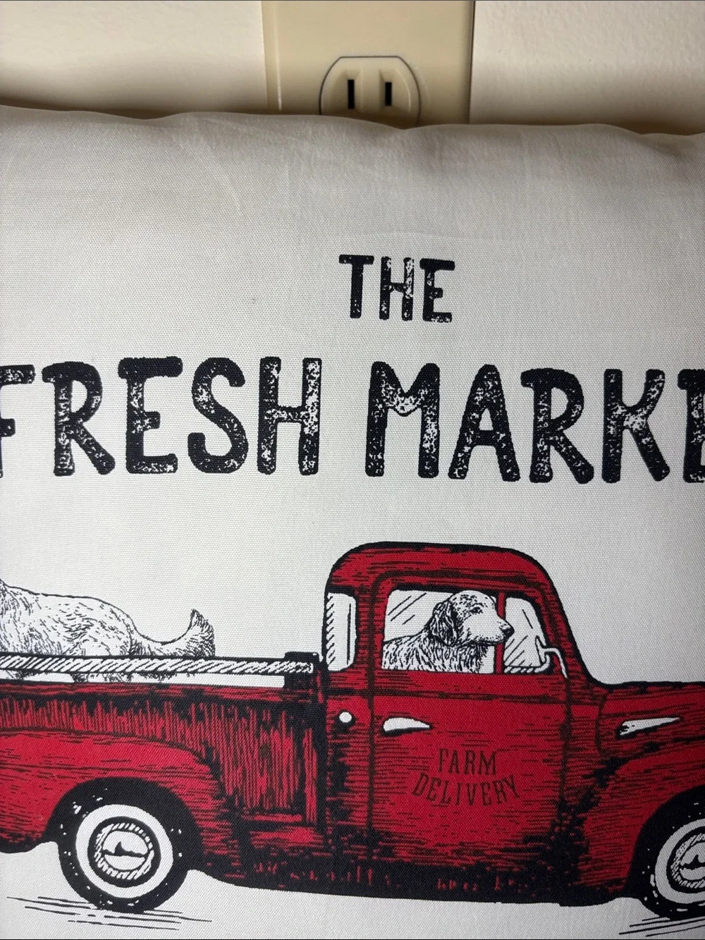 Red Truck Farm Pillow with Black Text